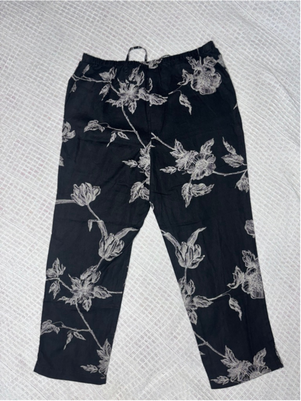 Dialogue 100% Linen Black & Cream Floral Relaxed Breatheable Pants Size 10 GUC - Picture 6 of 7